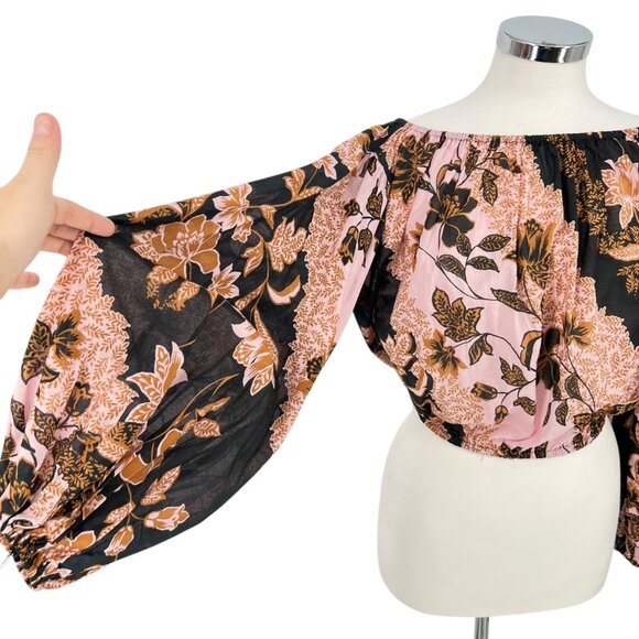 Vici Floral Off-The-Shoulder Puff Sleeve Blouse Pink Black Size Small - Picture 2 of 9